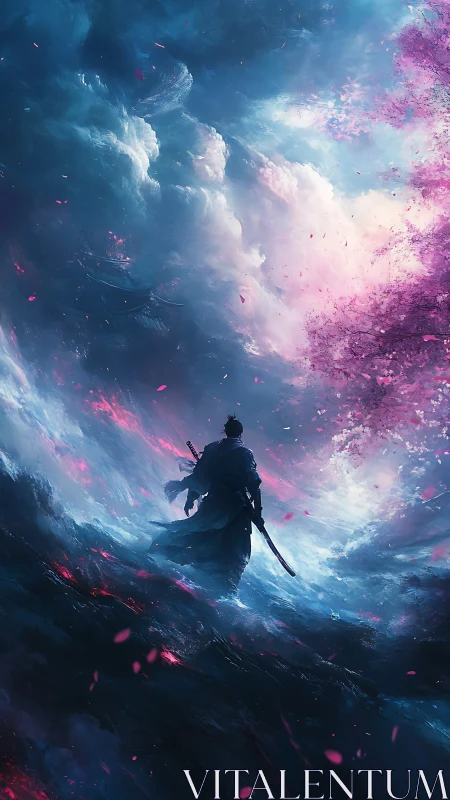 Samurai figure walks through stylized storm with cherry petals