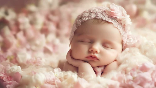 Sleeping newborn with pink lace headband and flowers.