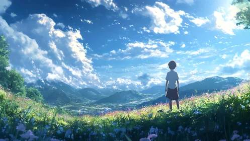 Solitary student observing sunlit alpine valley from meadow