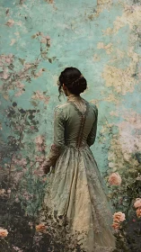 Victorian woman stands before aged floral wall in reflection.
