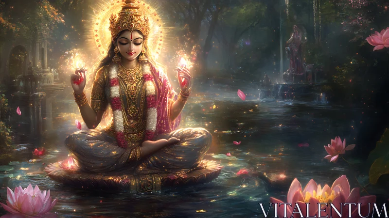 Luminous lotus deity in radiative aquatic sanctum rendering.