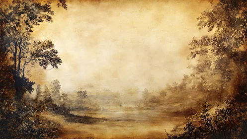 Golden mist drifts gently through a tranquil forest valley