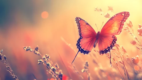 Vibrant butterfly in a dreamy sunlit meadow, soft focus style.