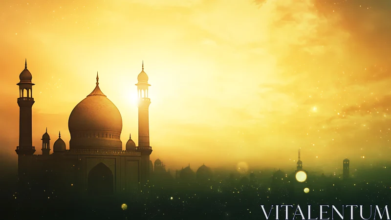 Golden mosque silhouette under radiant mystic sunset sky.
