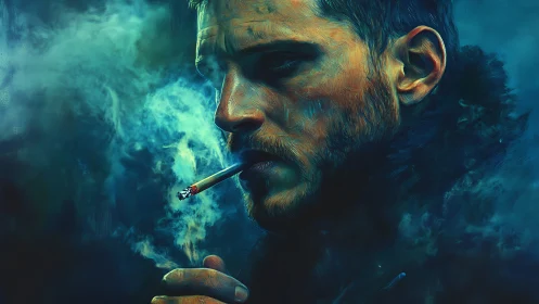 Moody blue portrait of a pensive man in drifting smoke.