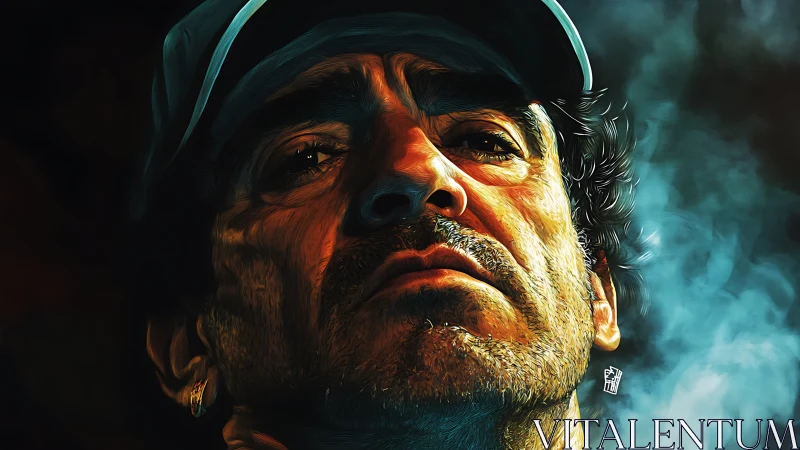 Brooding portrait in bold teal and ember-toned light.