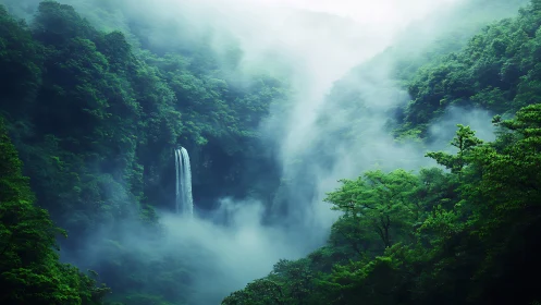 Misty Waterfall in Emerald Forest Valley.