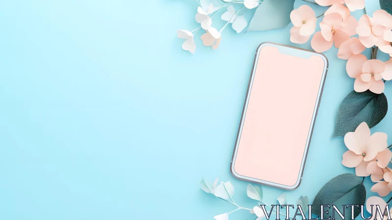 Smartphone with Blank Screen and Pastel Flowers on Blue Background.