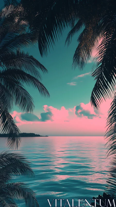 Tropical Paradise Sunset Between Palm Frames.