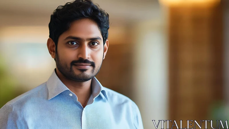 Confident young professional stands in softly lit interior.