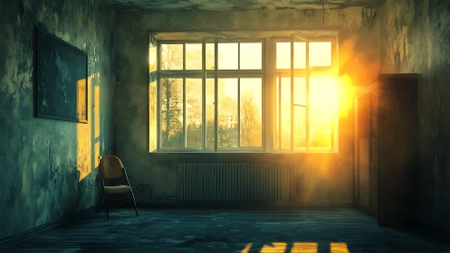 Decayed classroom interior flooded with cinematic sunset light.