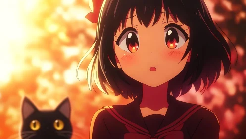 Soft autumn glow surrounds a shy anime girl and her cat