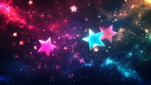 Multicolored glowing star shapes in abstract cosmic field.