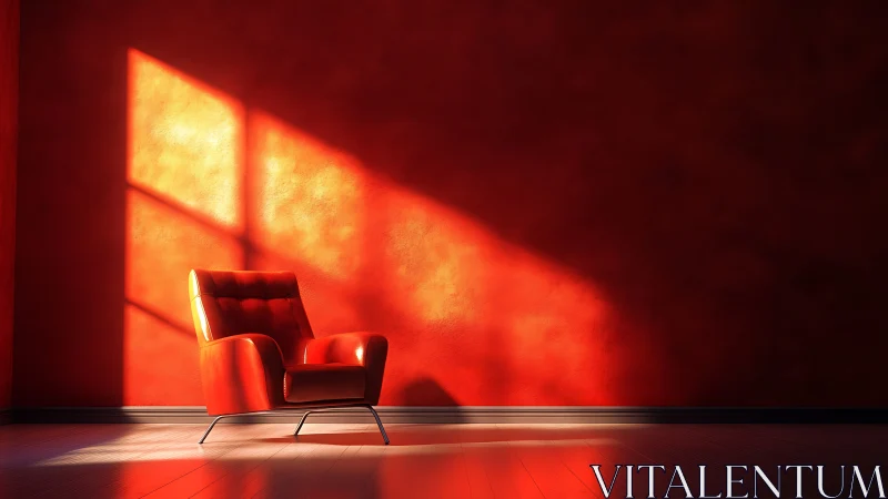 Red armchair in sunlight against textured red wall.