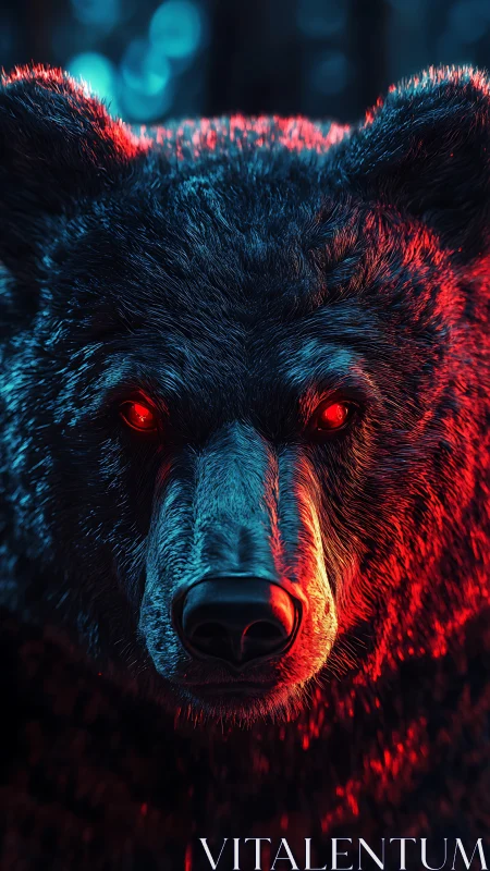Glowing eyed bear stares through neon red and blue forest