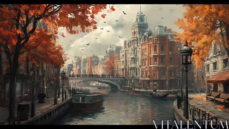 Autumn canal cityscape with historic facades and moored boats