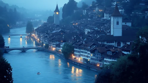 Riverfront European town at blue hour with lit streets.