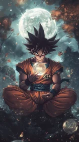 Anime warrior levitates while holding glowing orb at night