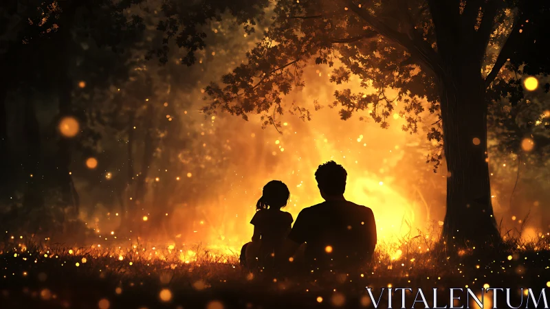Silhouetted figures beneath firefly luminescence in twilight woodland