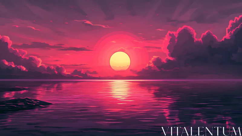 Digital seascape depicts stylized sun over reflective horizon