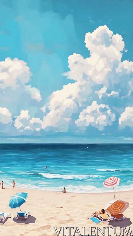 Sunny seaside painting with clouds, umbrellas, and swimmers.