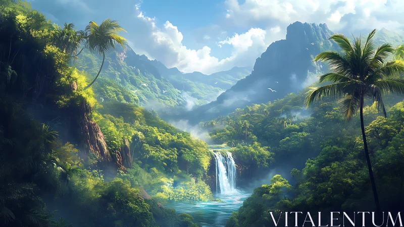 Lush tropical waterfall valley rendered with atmospheric depth and mist