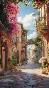 Sunlit cobblestone lane drifts under a cascade of blossoms