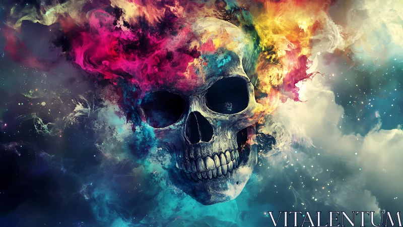 Human skull within multicolored nebulous cloud formation.