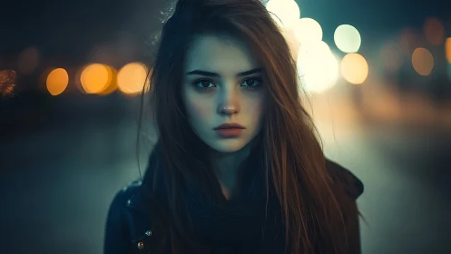 Young woman stands in neon haze of moody city night