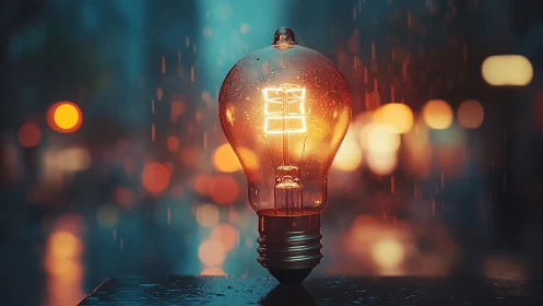 Illuminated lightbulb stands on wet surface in urban rain
