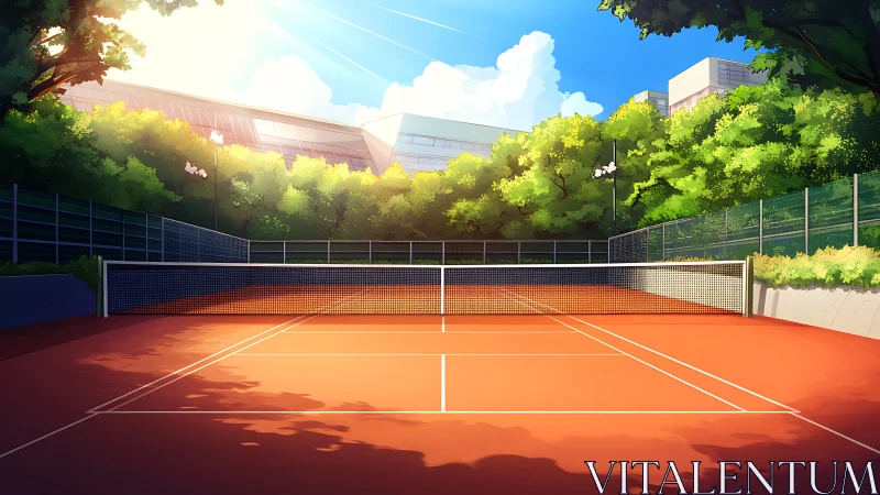 Outdoor clay tennis court with surrounding campus buildings.