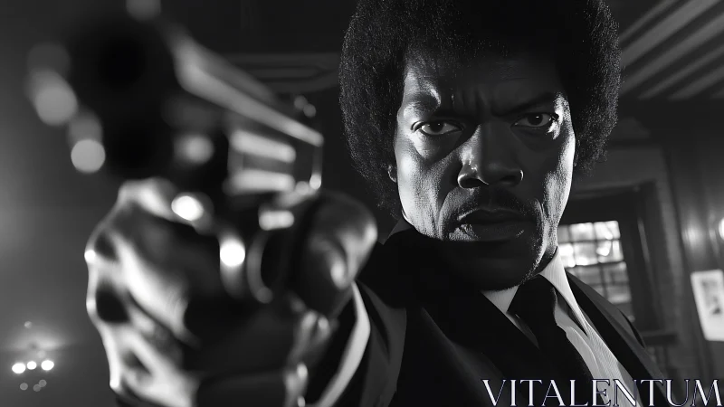 Intense man in suit aiming handgun in close foreground.