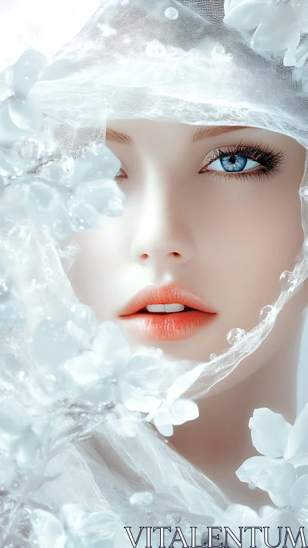 Iridescent portrait unites porcelain skin and icy floral veil