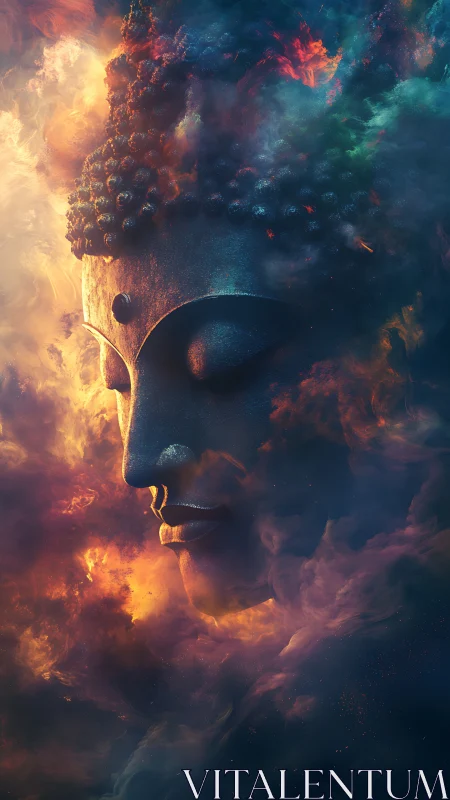 Serene Buddha face emerging through cosmic fire and mist.