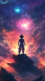 Silhouetted warrior studies swirling cosmic storm sky