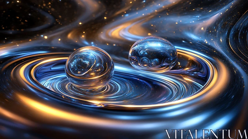 Shimmering orbs drift gently across a swirling cosmic river