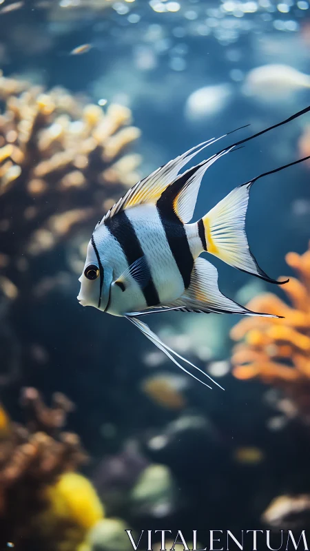 Striped angelfish swimming in colorful coral reef water.
