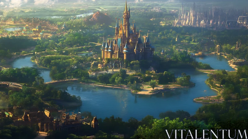 Majestic fantasy castle rises above emerald lakes and forests.