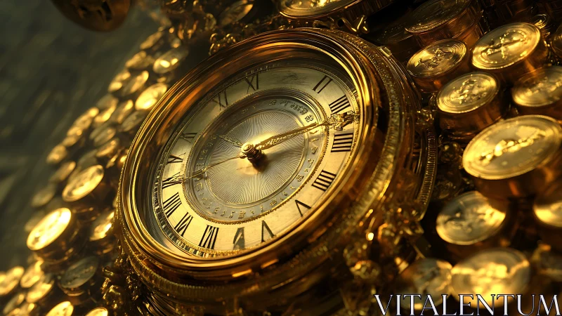 Gilded timepiece dreaming amid cascades of molten coins.