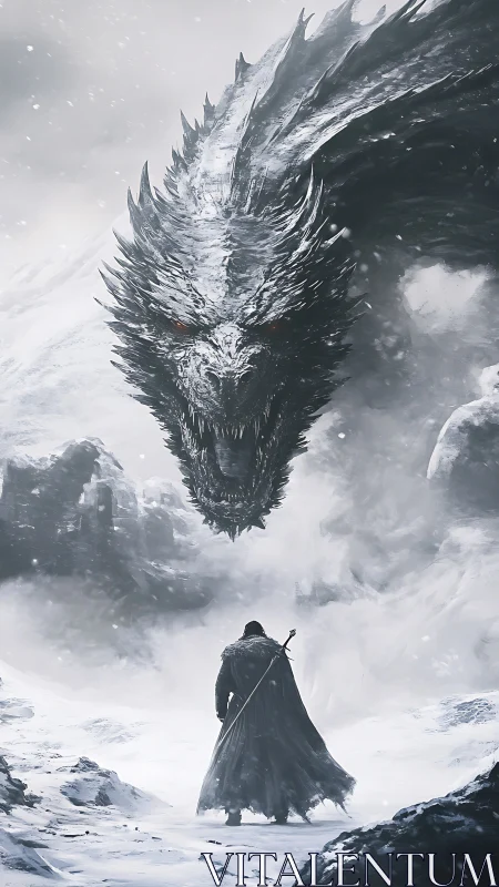 Snowbound swordsman facing the stormborn dragon’s fury.