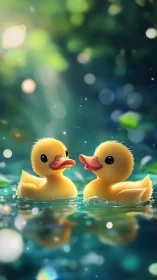 Playful duckling duo drifting in dreamy pond light.