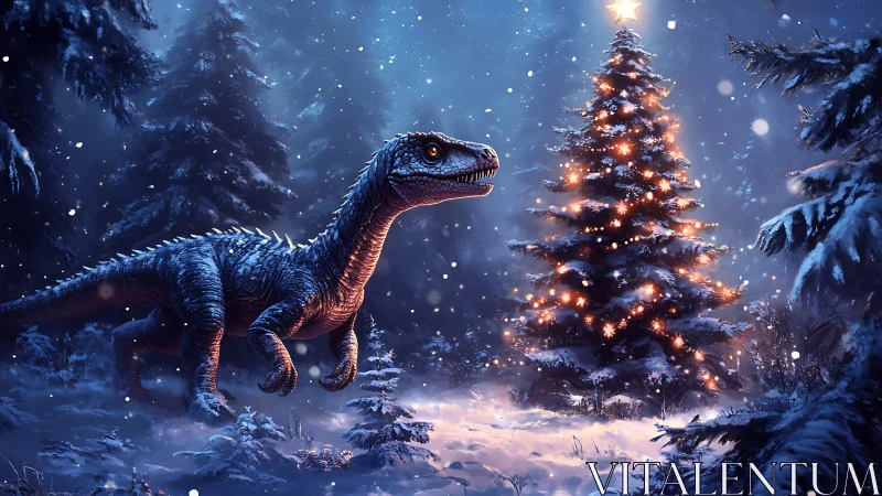 Curious winter dinosaur discovers a glowing Christmas tree
