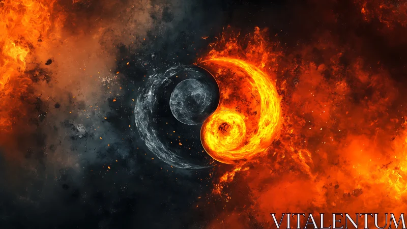 Yin-yang symbol with celestial bodies in contrasting thermal environments.