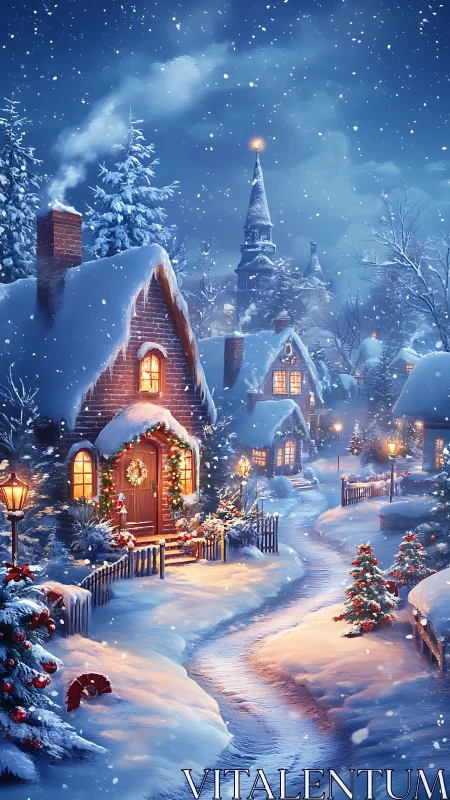 Digital painting of a snowy Christmas village street scene.