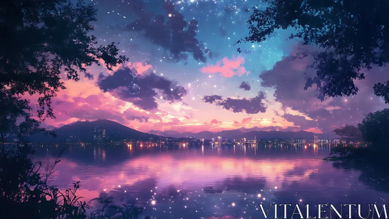 Skyline stardust drifts over a twilight lake of glass