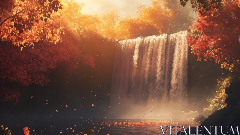 Waterfall in dense autumn forest with falling foliage.