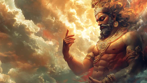 Majestic celestial guardian bathed in glowing golden clouds.