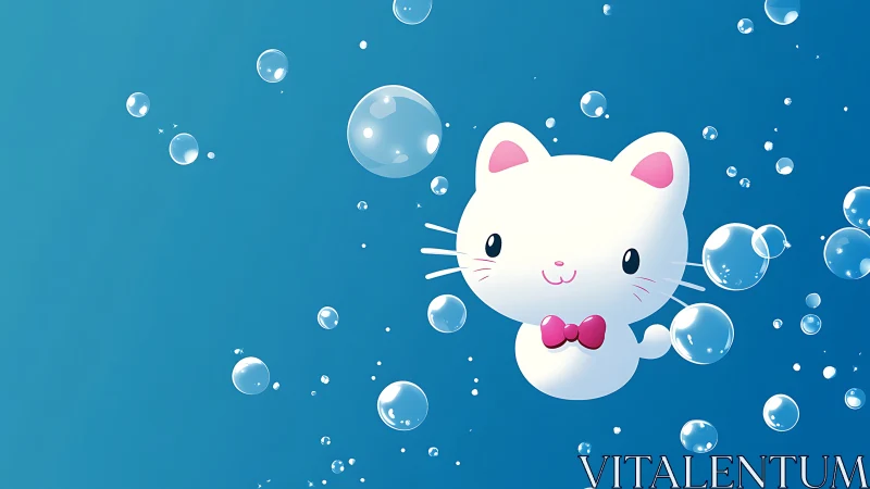 White cartoon cat with bubbles on blue gradient background.