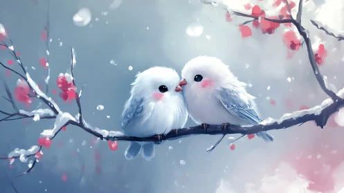 Two White Birds on Snowy Branch with Pink Blossoms