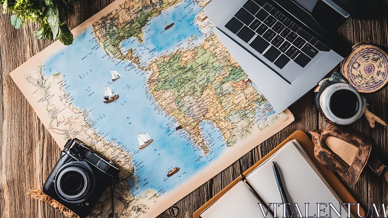 Travel planning workspace shows map, laptop and camera gear